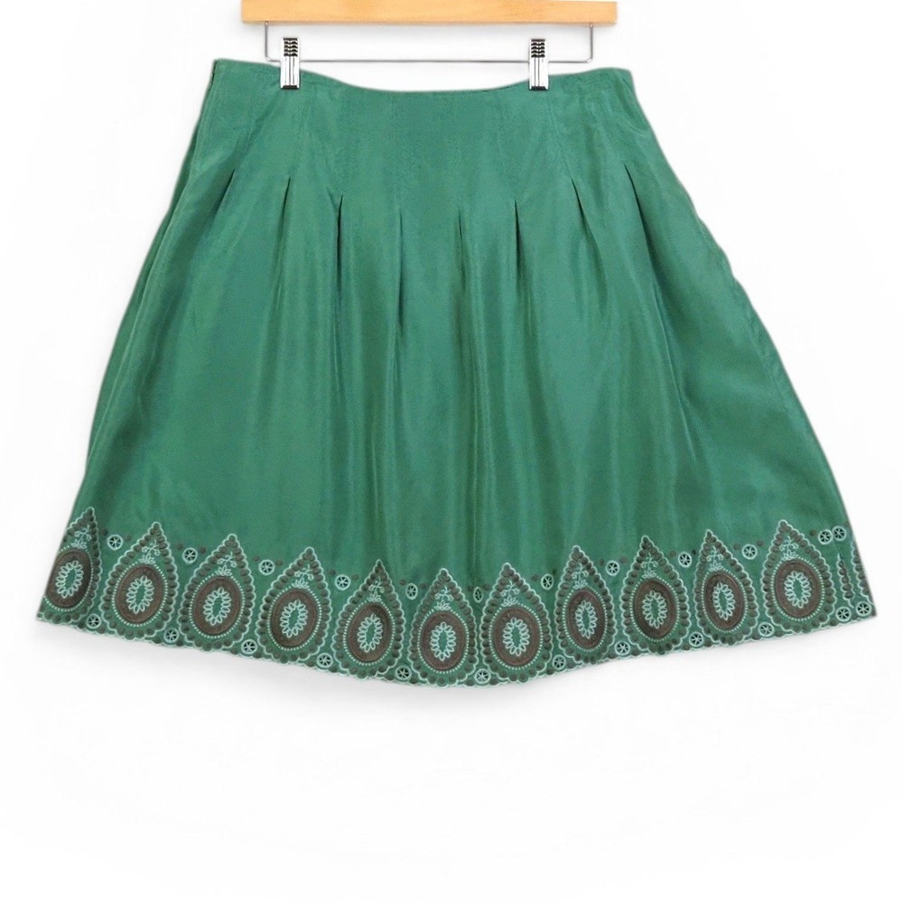 BCBGMAXAZRIA Womens Silk Skirt 8 Green Embroidered Hem Boho Fairycore Y2K Mini